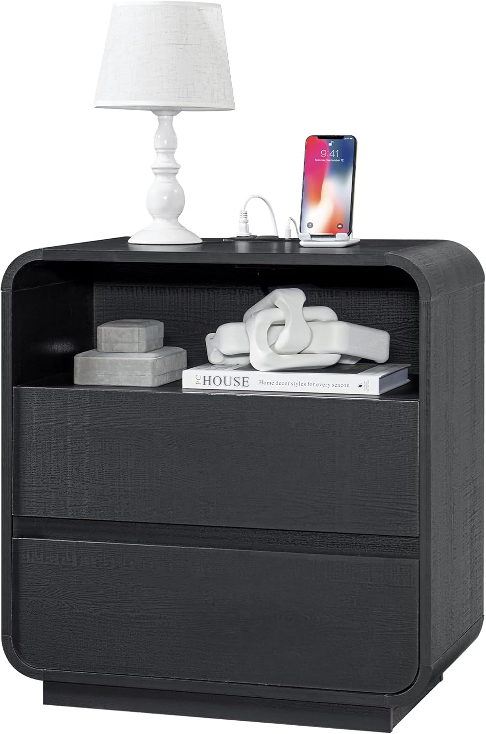 Black Nightstand with Charging Station, 25" Tall Wood Bedside Table, Modern End Table with 2 Storage Drawers, Curved Profile, Mid Century Night Stand for Bedroom, Dorm, Sofa, Office