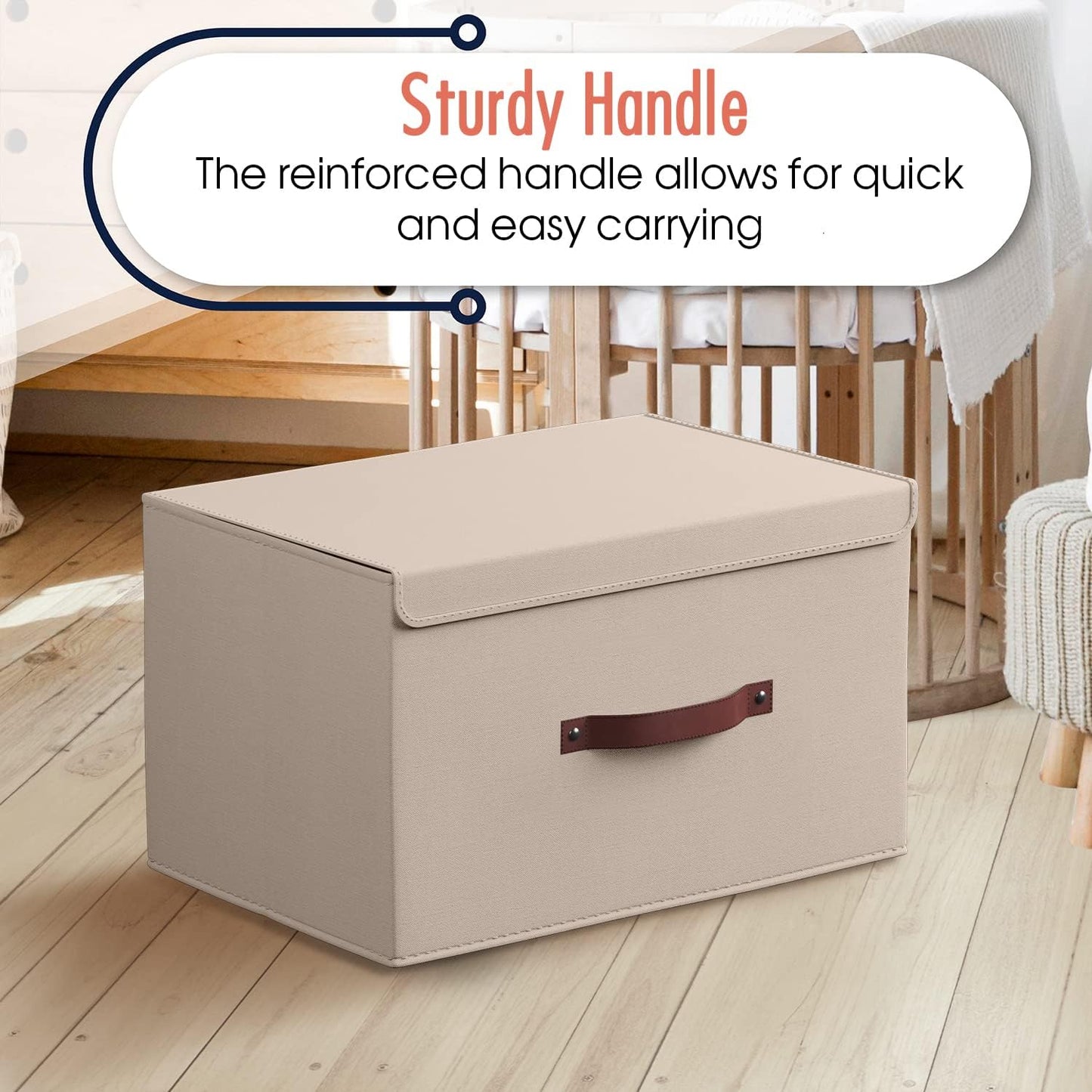Ornavo Home 6 Pack Collapsible Storage Bins with Lid, Foldable Linen Fabric Shelf Storage Basket Closet Organizer and Large Storage Box for Clothes with Leather Handles, 15 x 10 x 9, Beige
