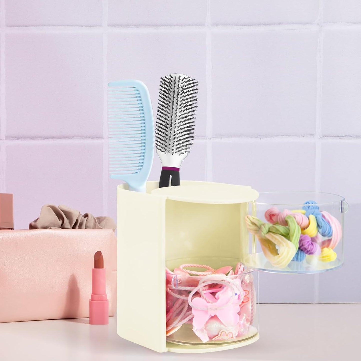 Hair Accessories Organizer with Hair Brush Holder, Rotatable Makeup Brush and Jewelry Storage Box for Hair Clips, Earrings, Necklaces, Bracelets, Rings, and Daily Accessories (Off White,2-Layer)