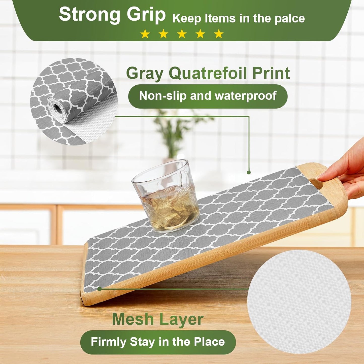 Moriah Shelf Liner for Kitchen Cabinet Non-Adhesive, Thickened Drawer Liner No Slip for Dresser Waterproof Cabinet Paper Liner for Bathroom Shelves Protects Surfaces(Grey,12'' x 30')