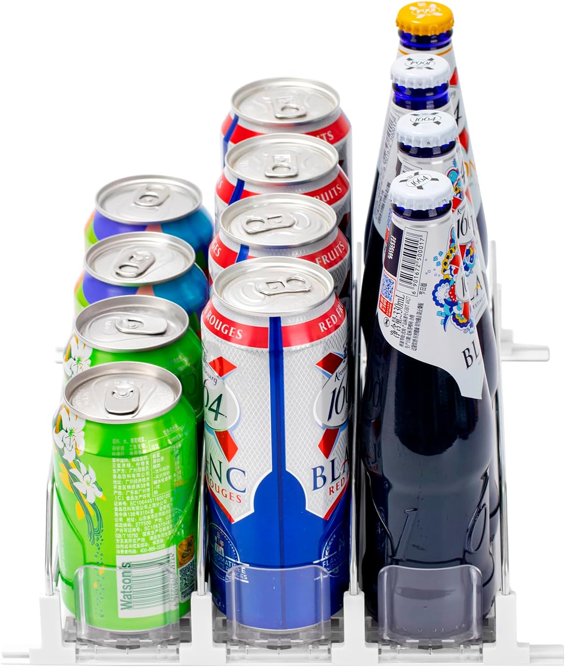 Rula Drink Organizer for Fridge, Self-Pushing Soda Can Dispenser for Mini Refrigerator, Width Adjustable Water Bottle Pusher Glide, White, 3 Rows,12.2” D