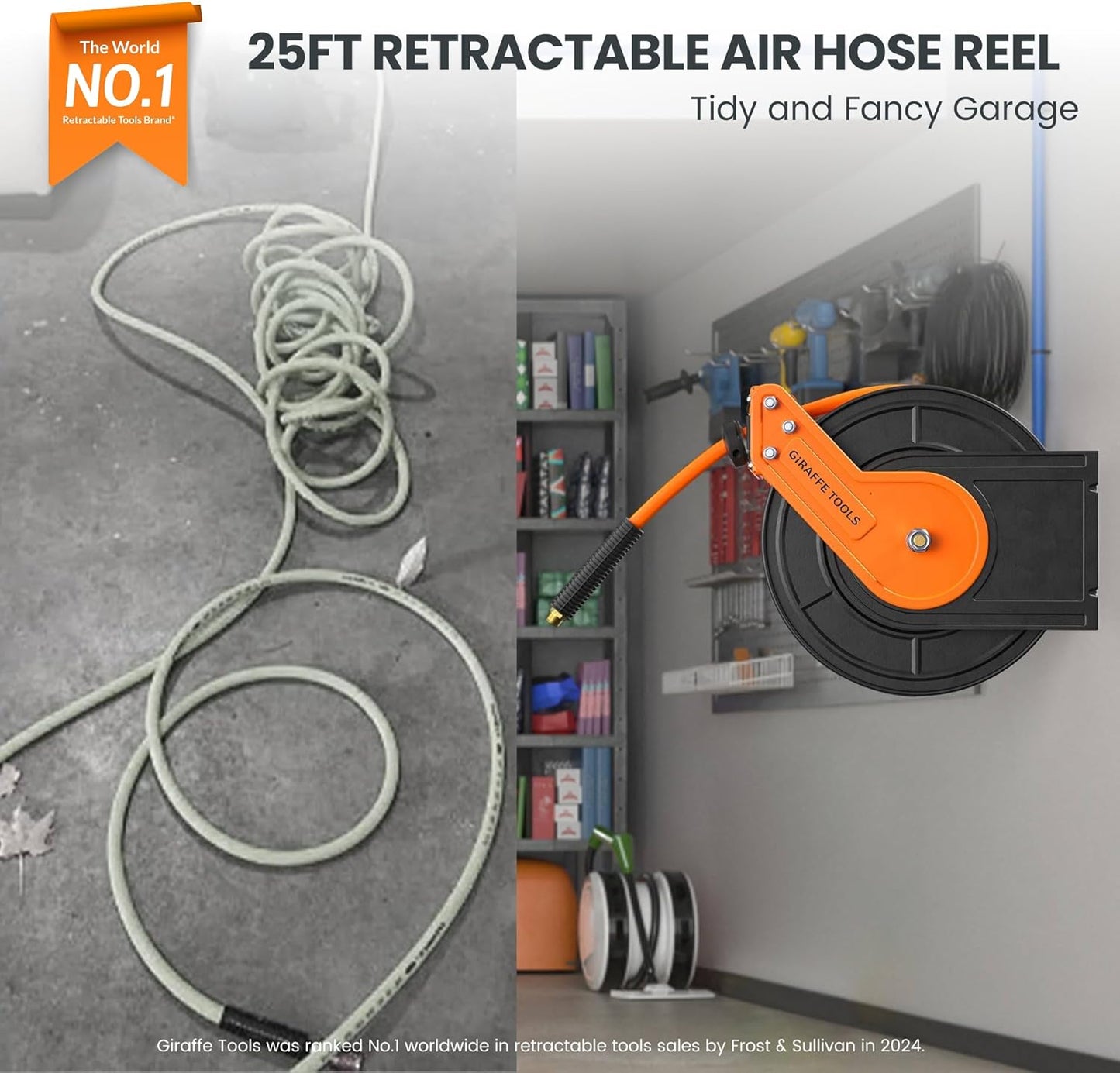 Giraffe Tools TA10B Air Hose Reel 25 ft Retractable Wall Mount Air Compressor Heavy Duty Steel Auto Rewind 300PSI, 25ft, Tangelo