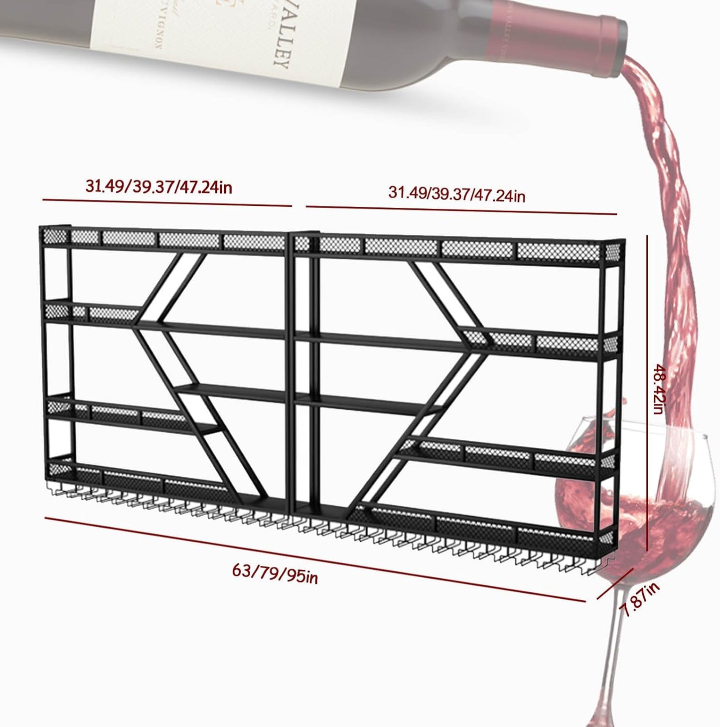 95in Large Wall Mounted Wine Rack 4 Tier Metal Wine Bottle Holder Modern Diamond Design Floating Bar Liquor Bottles Storage Rack for Home Restaurant Bar Decorative (Black, 4 Tier - 95in)