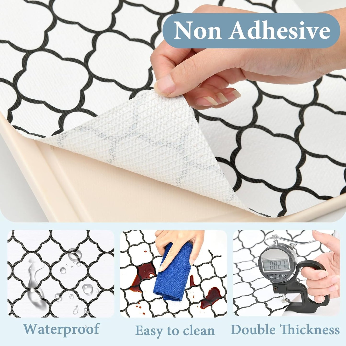 Shelf Drawer Liners for Kitchen Cabinets 11.8 x 236 Inches Non Adhesive Drawer Liner Thickened Refrigerator Liner Black Quatrefoil Strong Non-Slip Paper for Tool Box with Knife and Tape Measure