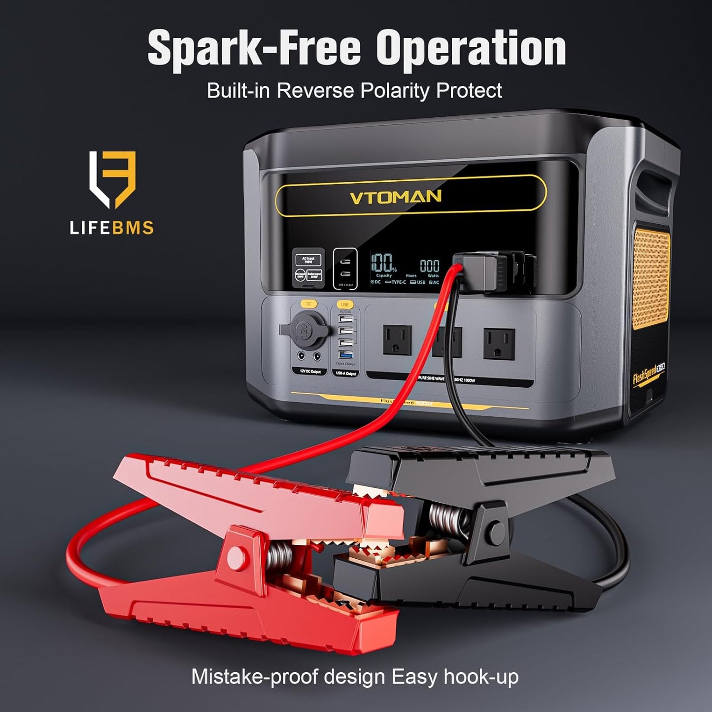 VTOMAN FlashSpeed 1000 Portable Power Station with Jumper Cables, 828Wh LiFePO4 Solar Generator & Car Jump Starter, 1H Fast Charging, 2000W Peak for Home Backup, Camping, Roadside Emergencies