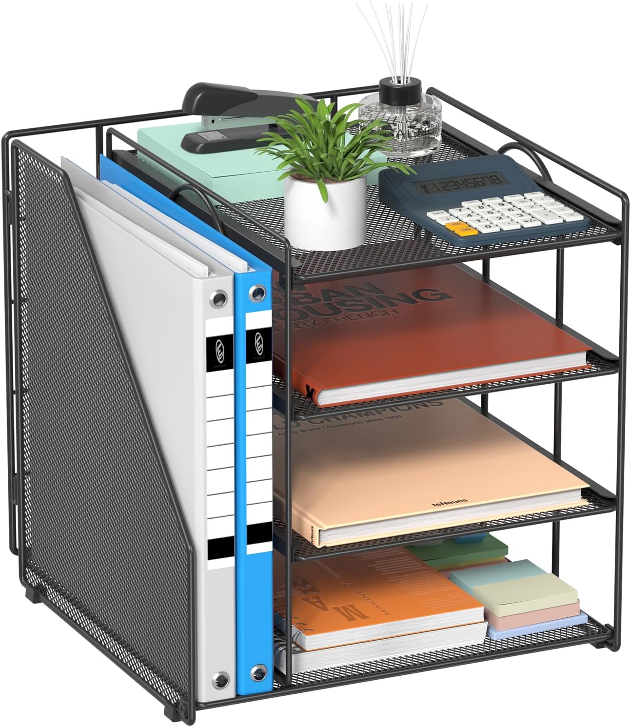 Desk Organizer, 4-Tier Metal Paper Organizer for Desk with Vertical File Holder, Office Accessories and Desktop Storage for Office Supplies (Black)
