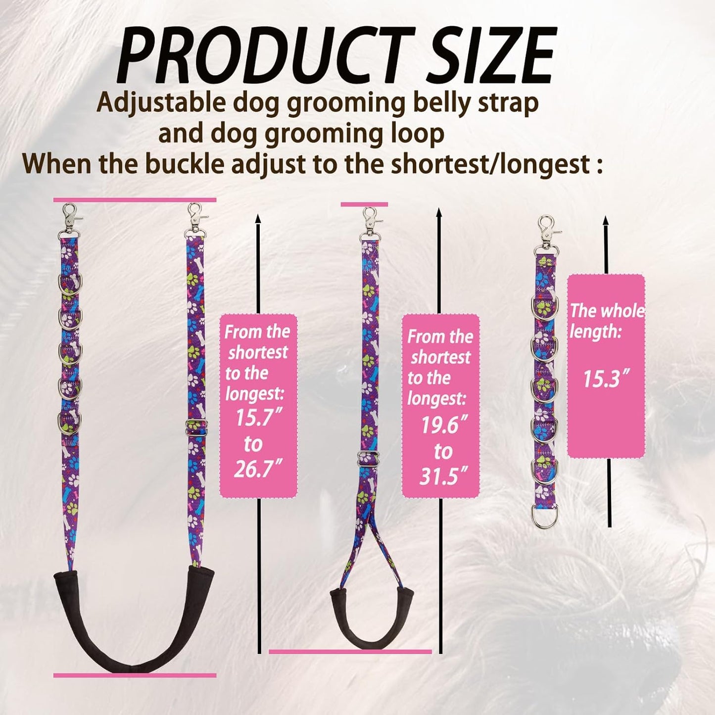 Dog Grooming Belly Straps – Adjustable Grooming Loops with Cute Paw & Bone Pattern – Pet Grooming Belly Band Table Accessories for Small to Large Dogs(Purple)