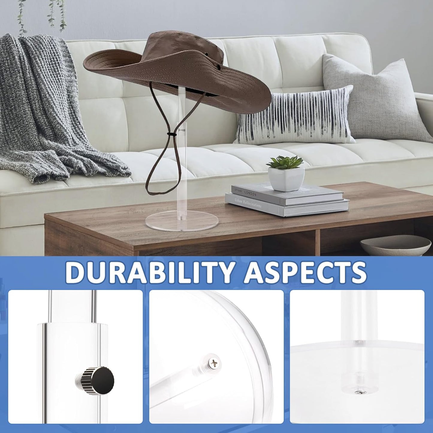 2PCS Acrylic Hat Stand and Wig Display Rack with Height Adjustable, Clear Dome Tabletop Hat Stand Cap, Sun Hat Holder Stand, Cowboy Hat Holder Baseball Cap Rack for Display