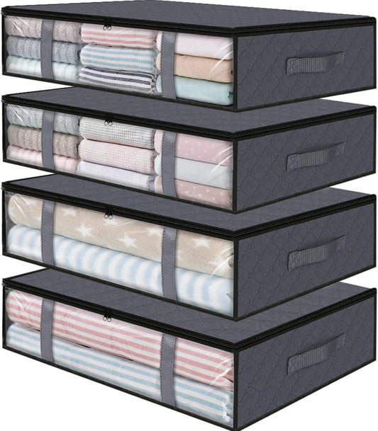 StorageRight Under Bed Storage Bins, 4-Pack 40L Foldable Fabric Storage Bags with Transparent Window, Breathable Organizer for Clothes/Blanket/Comforter/Quilt, Grey