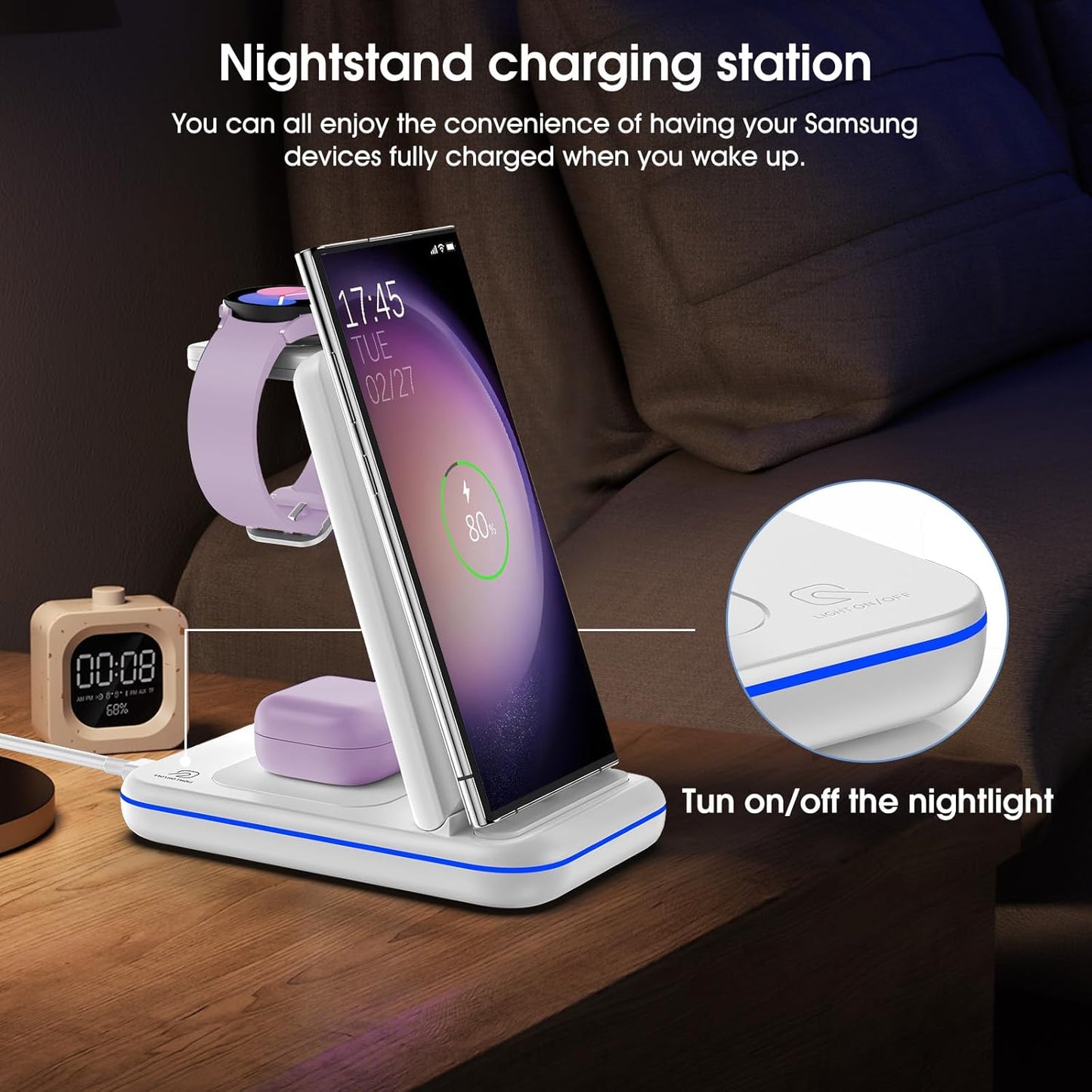 Wireless Charging Station for Samsung/Android, Fast Wireless Watch Charger Station Compatible for Samsung Galaxy S25 Ultra/S24/S23+/Z Flip 7/6 Fold 7/6, Watch8/7/Pro/Active 2 Galaxy Buds3/2 Pro(White)