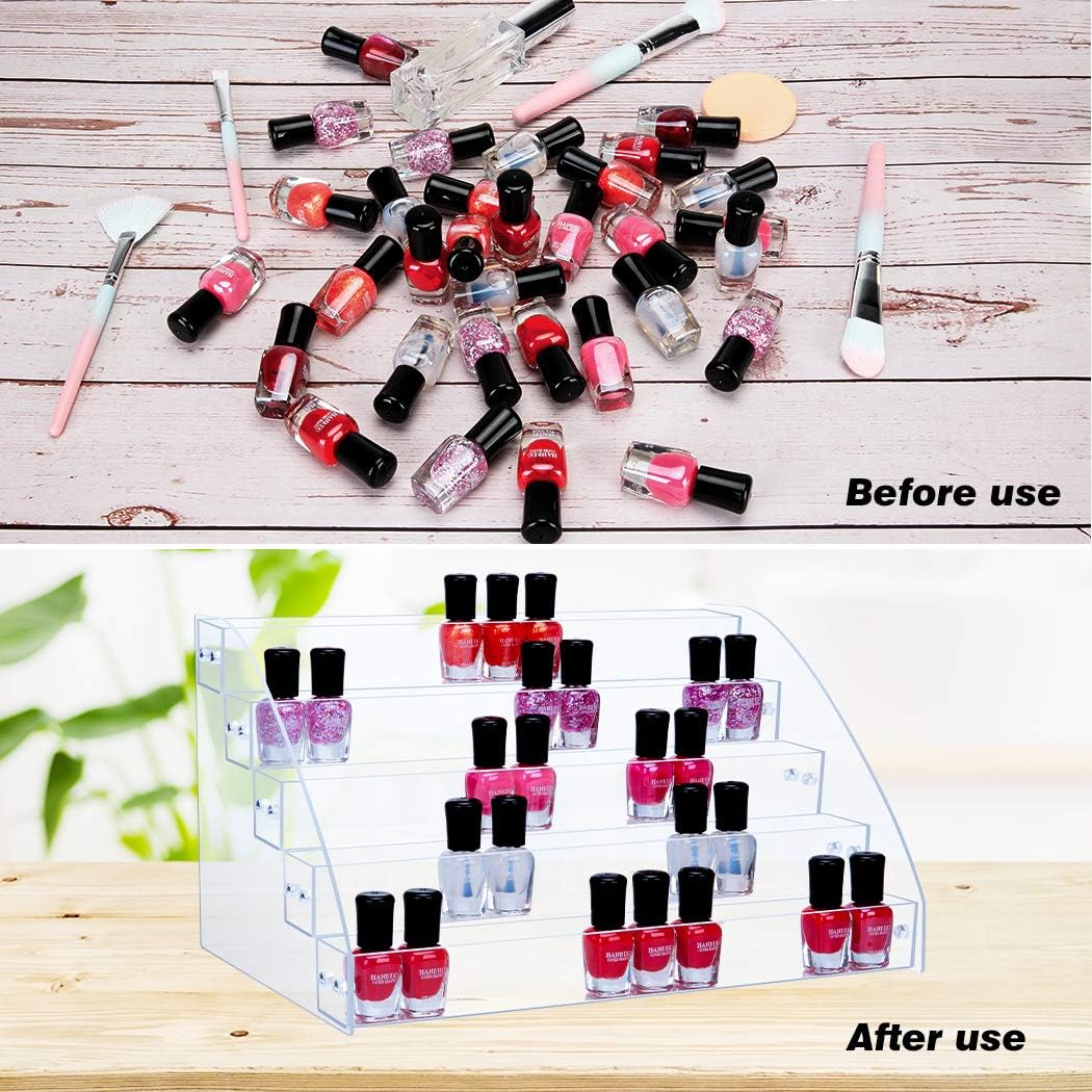 KINGROW Nail Polish Organizer Holder Rack 5 Layers Acrylic Display Rack Eyeglasses Shelf Essential Oils Ink Storage Holds Up to 80 (Fit 1-2oz Bottles)
