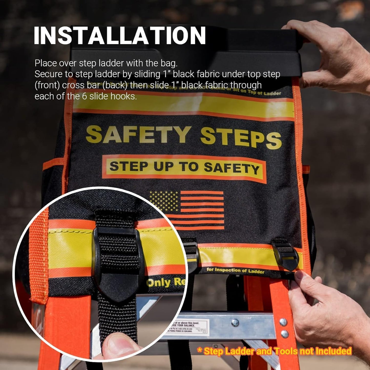 Ladder Organizer with Tool Bag and Slide-Out Tray, High Storage Capacity, OSHA Compliant Steps