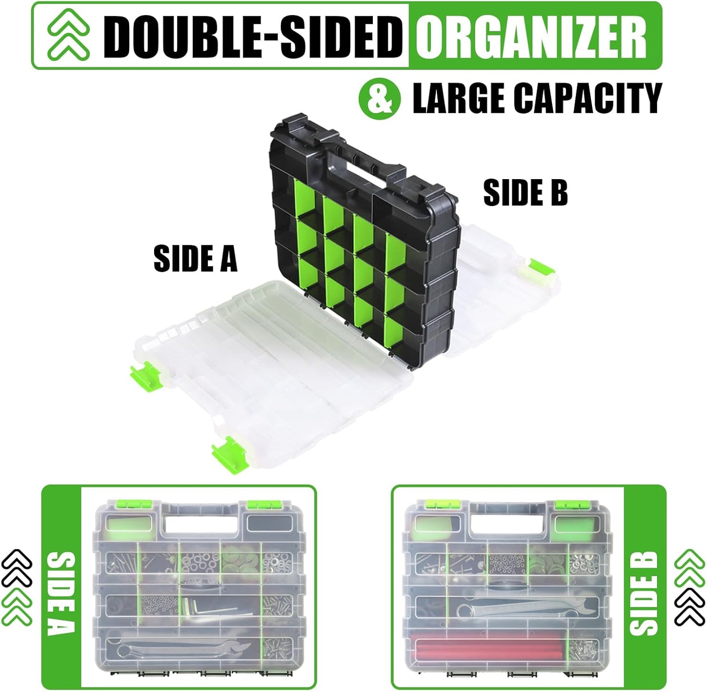 Generic Tool Box with Transparent Lid, Double Side 34-Compartments Organizer Box with Removable Dividers for Hardware, Screws, Bolts, Nails, Beads, Jewelry and Fishing Accessories, Green, 2 Packs