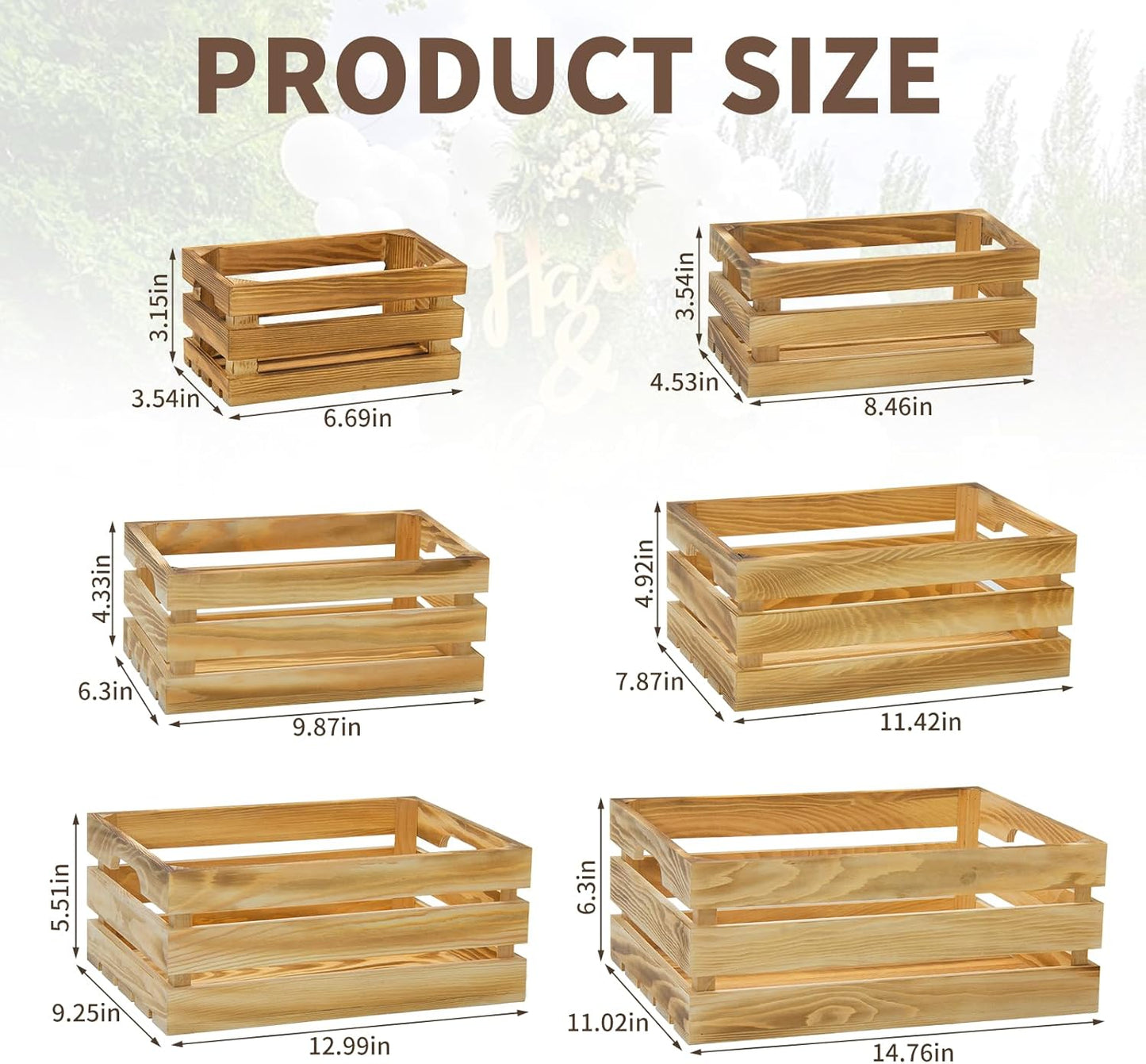 6 Pcs Decorative Wood Crates for Display, 6 Size Large Farmhouse Wooden Basket for Storage Container and Decorations, Rustic Nesting Crates Decor Boxes with Handle