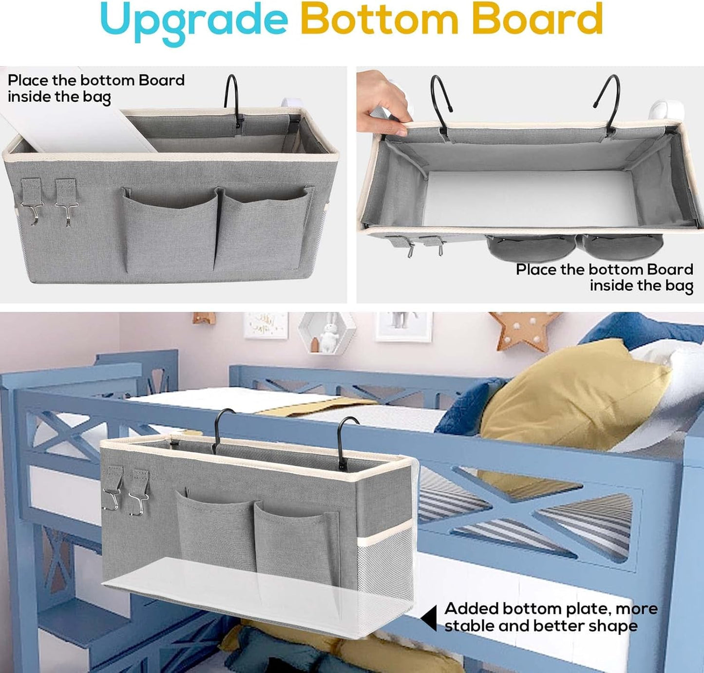 2pcs Bedside Caddy Hanging Storage Bag, Water Cup Holders, Organizer Baskets with Pockets for Bunk Bed Shelf, Hospital Beds, Loft & Dorm Rooms Accessories (Bedside bag-Grey)