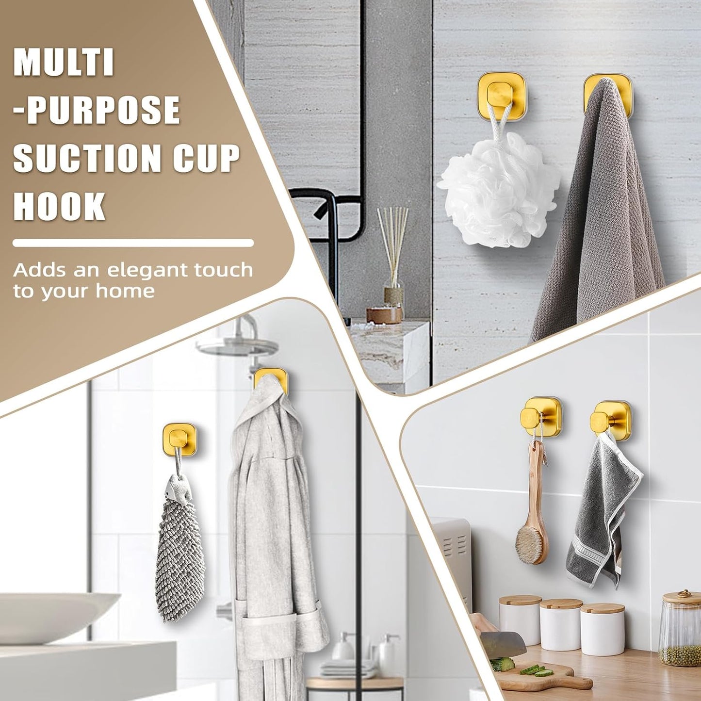 Suction Cup Hooks for Shower - Resuable Bathroom Hooks for Towels, Robes & Loofah - No-Drill Mounting on Kitchen,Walls,Metal,Glass,Mirrors,Tile & Smooth Non-Porous Surfaces (2, Brushed Gold)