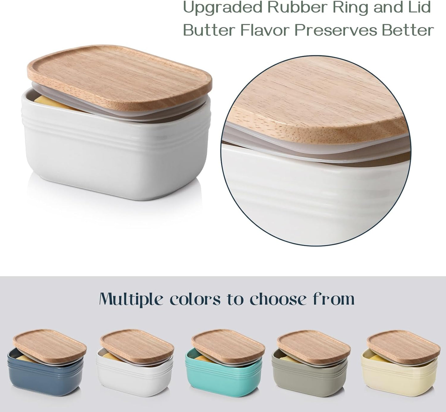 DOWAN Ceramic Butter Dish, Extra Large Butter Keeper for Countertop or Fridge, Airtight Butter Container with Wooden Lid, Farmhouse Kitchen Decor and Accessories, Freezer Safe, Soft White