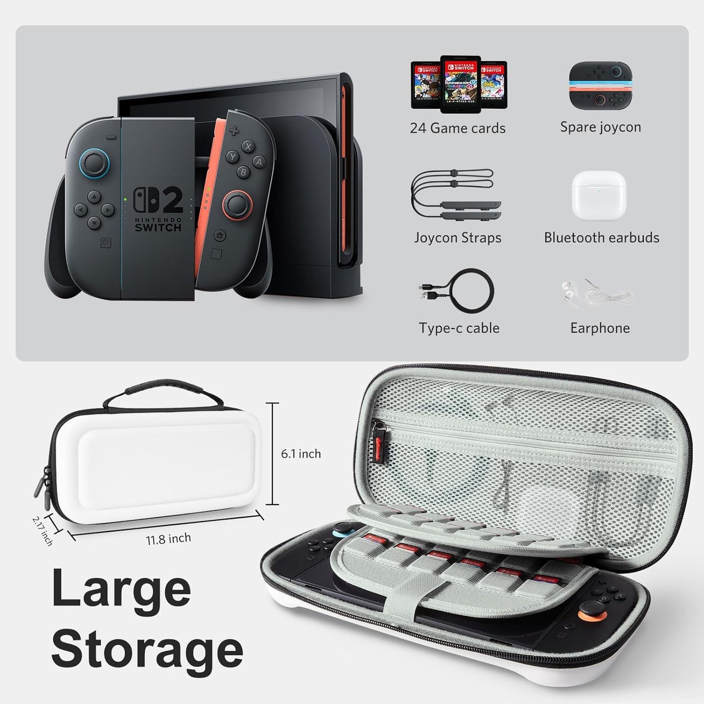 CoBak Large Capacity Carrying Case for Nintendo Switch 2 (2025) - 3 in 1 Accessories Bundle with 2 Screen Protectors, Thumb Grip Caps, 24 Game Cartridges, Hard Shell Portable Travel Pouch, White