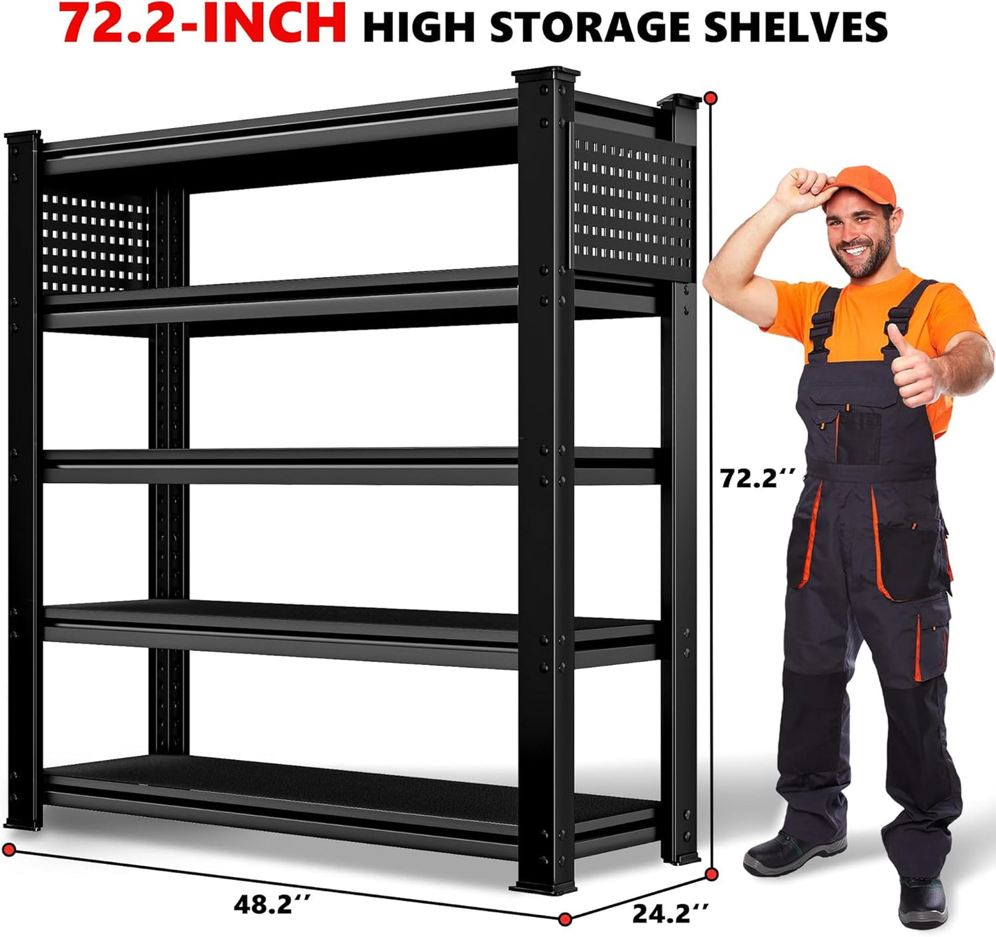 SILVEL 48.2" W Garage Shelving, 5000LBS Heavy Duty Metal Shelving, 2025 Solid Storage Shelves with 2 Side Pegboards, Industrial 5 Tier Shelves for Basement Pantry Warehouse Supermarket, 4 Pack
