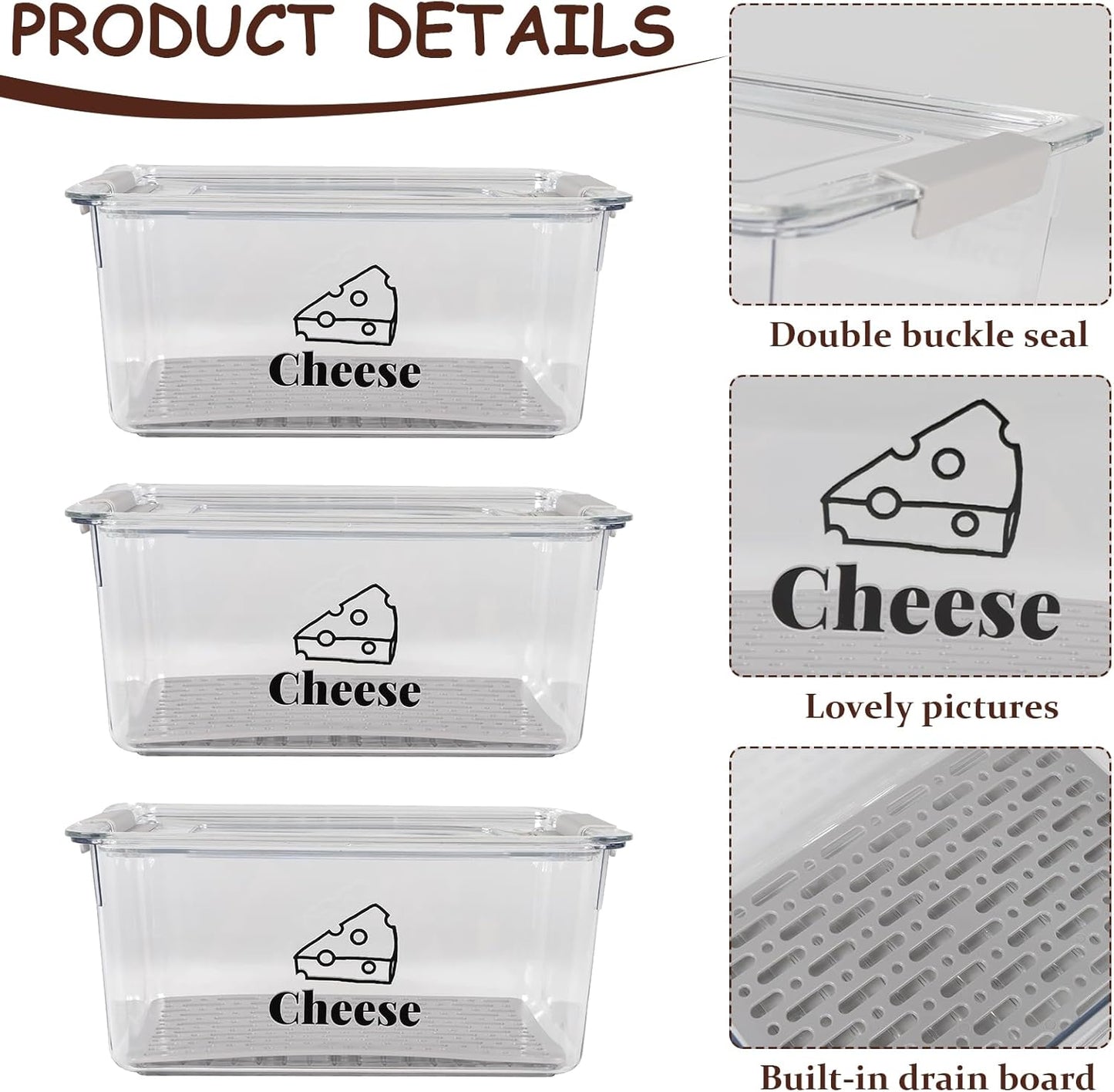 3 Pack Cheese Container Airtight with Draining Basket Cream Block Cheese Sliced Cheeses Box with Lid Saver for Fridge Deli Meat Storage Box,Cheeses Sliced,Grated,Cheddar Keeper