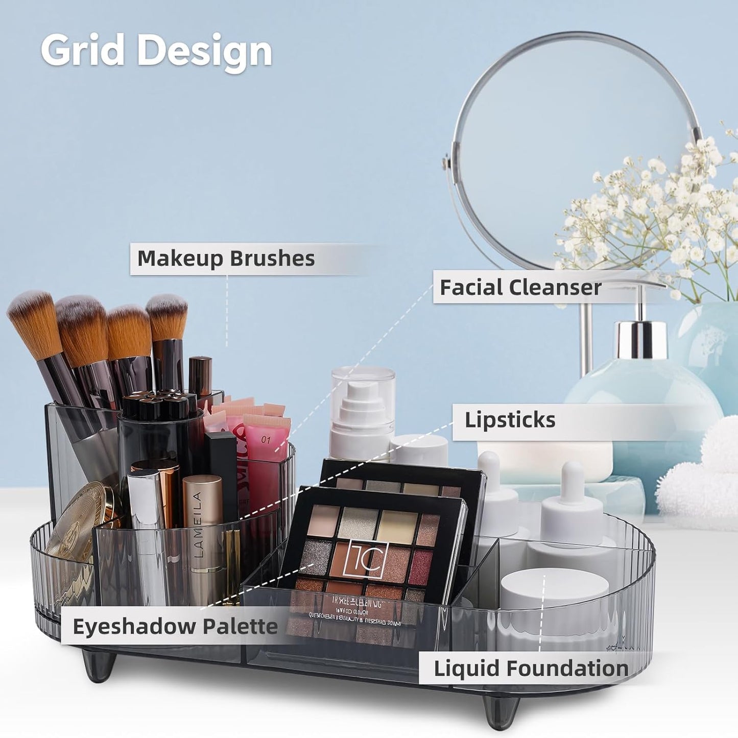 Cosmetic Makeup Storage Organizer, Countertop Makeup Perfume, Rotating Makeup Organizer for Vanity with Brush Holder, Lotions Display Case, Large Spinning Makeup Skincare Organizer (Transparent Black)