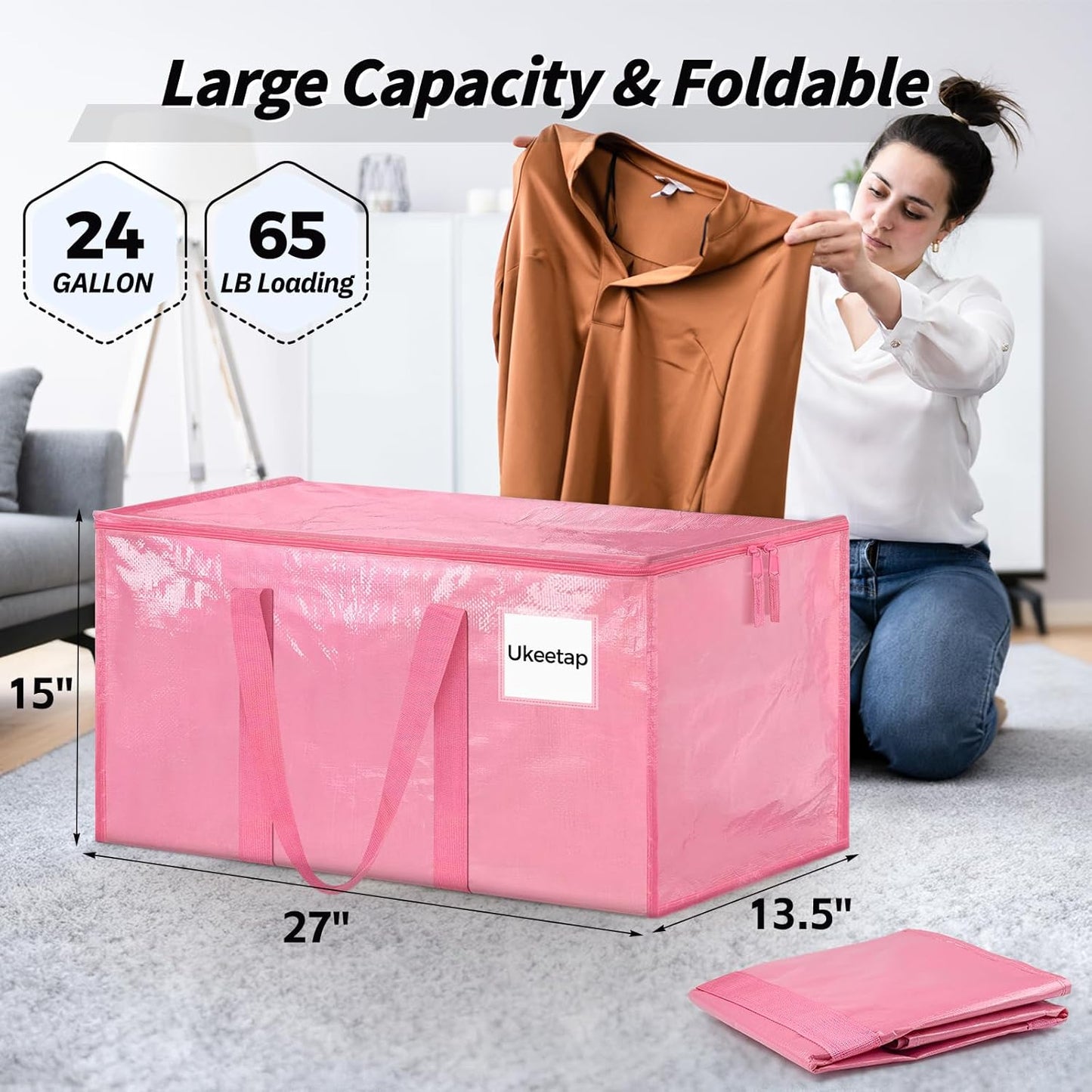16 Pack Extra Large Heavy Duty Moving Bags, Pink Storage Bins with Lids, Reinforced Handles & Heavy-Duty Zippers Moving Boxes Storage Bags Totes for Clothes Packing, Dorms, College Supplies, Pink
