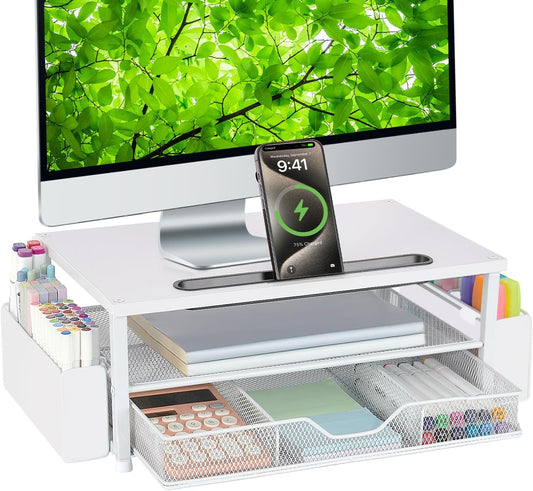 AUPSEN White Monitor Stand Riser, 2-Tier Wood Computer Desk Organizer with Drawer, Pen Storage & Phone Holder, Office Desk Accessories Desktop Organizer for Office Supplies