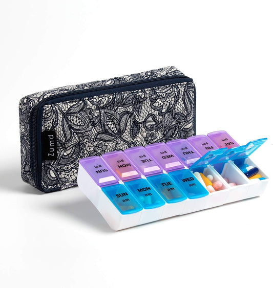 Weekly Pill Organizer 2 Times a Day, Zumd Pill Box 7 Day with Cute Quilted Fabric Zipper Case, Travel Pill Case Am Pm for Vitamin Medicine Organizer