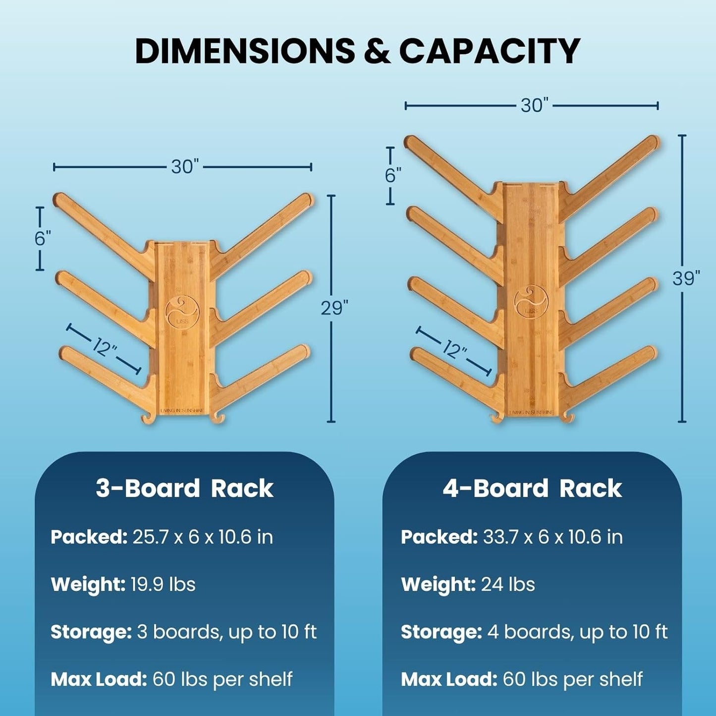 LISS The Sun Rack - Premium Wood Surfboard Wall Mount Rack Display, Ski, Snowboard Holder for 3 Boards for Garage & Home Storage with Built-In Drawer & Hooks for Longboards Shortboards, Wakeboards