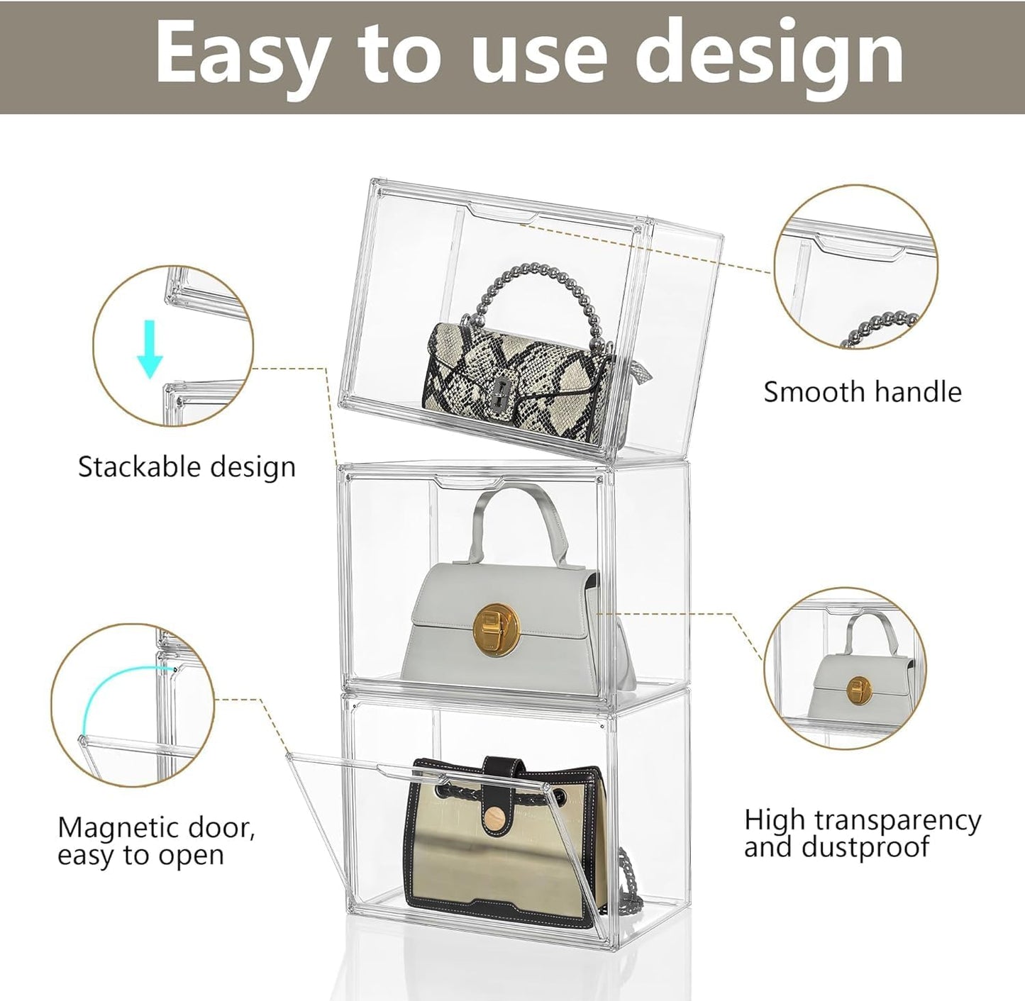 Attelite Plastic Purse and Handbag storage Organizer for Closet, Clear Acrylic Display Case with Magnetic Door for Wallet, Book, Cosmetic, Clutch Organization 3 Pcs