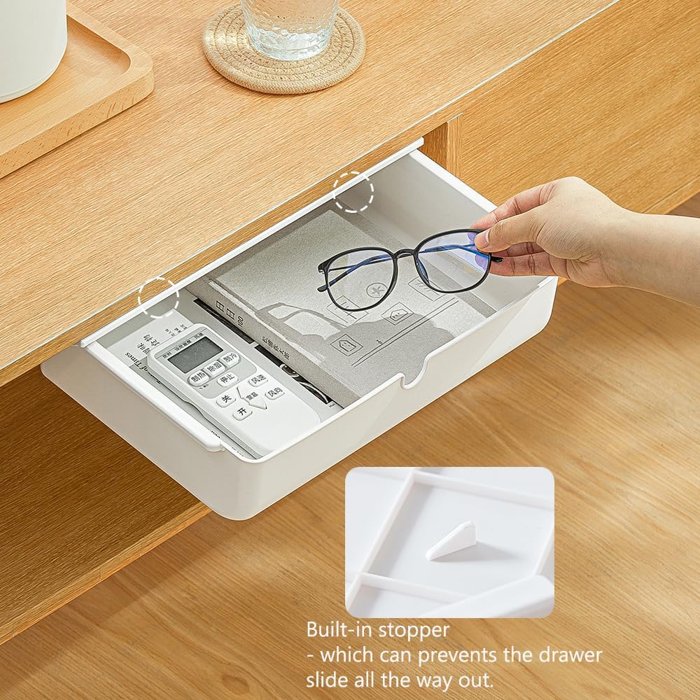 Poeland Under Desk Drawer Self-Stick Storage Organizer for Office Home School Large Size White 2 Pack