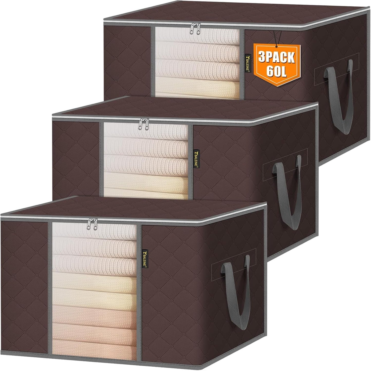 BALEINE 3 Pack Clothes Storage Bags, 16 Gallon Storage Containers with Reinforced Handle, Sturdy Zipper, Closet Organizer for Blanket, Comforter, Pillow, Bedding (Brown, 3 Pack)