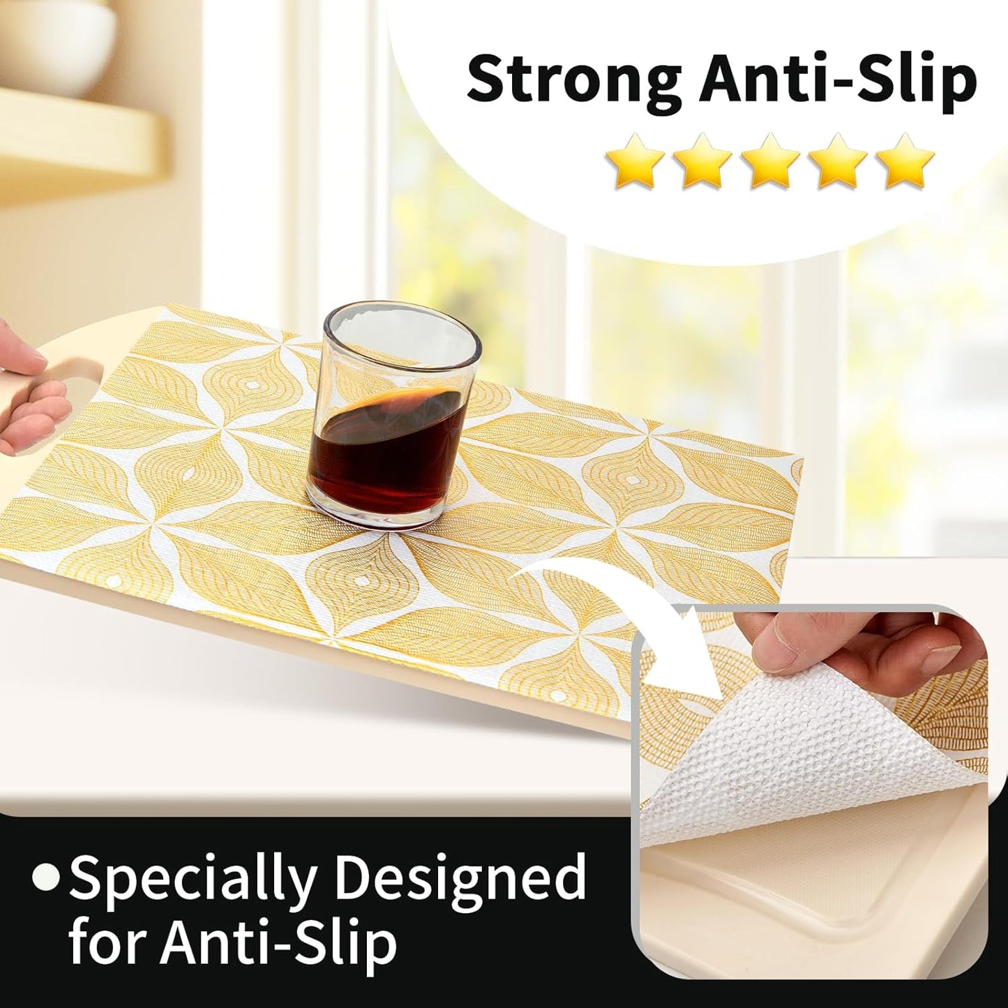 Shelf Liners for Kitchen Cabinets 12in x 30FT, Non Adhesive Cabinet Liner Strong Non-Slip Golden Leaf Drawer Liner, Easy to Clean for Shelf, Cabinet with Knife and Tape Measure