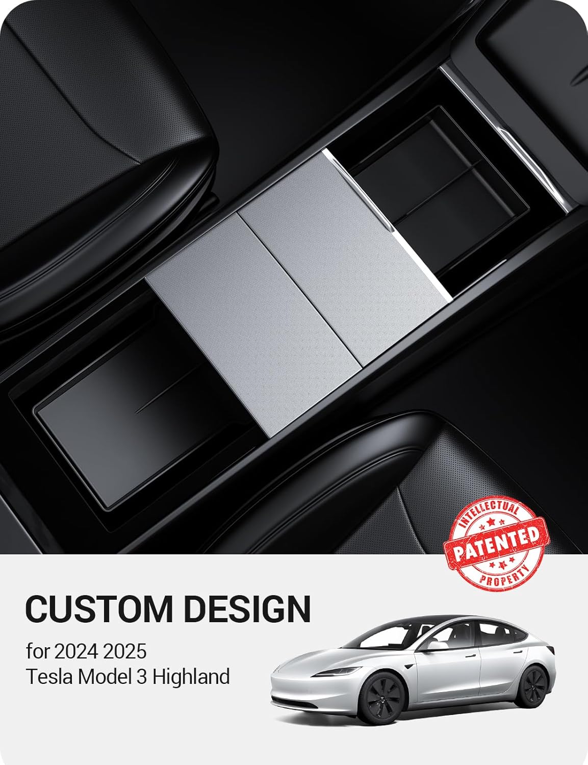 BASENOR 2026 2025 2024 Tesla Model 3 Highland Lower Center Console Organizer Tray, Bottom Console Storage Box Pad Refresh Interior Accessories (Standard/Premium/Performance)