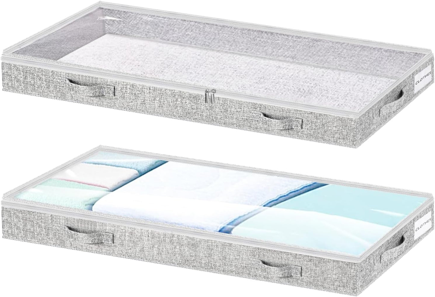 Low Profile Under Bed Storage, 3-Inch High Foldable Underbed Storage Bins with Lid & Zipper, No Structure, Super Slim Clothes Organizer for Crib Dorm Couch Low Bed, 2-Pack, Clear Top