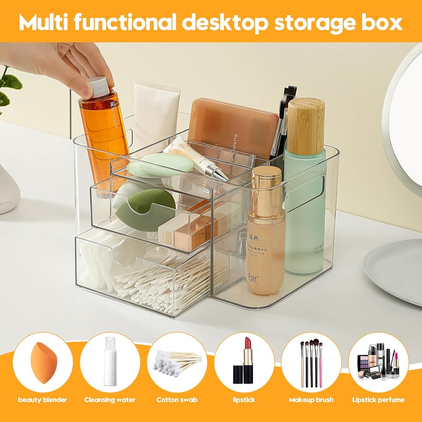 Acrylic Makeup Organizer for Countertop – 2 Drawers & 3 Compartments, Clear Storage Bin. Multi-use for Skincare, Cosmetics, Jewelry & Small Accessories, fits Vanity, Bathroom, Office, Craft