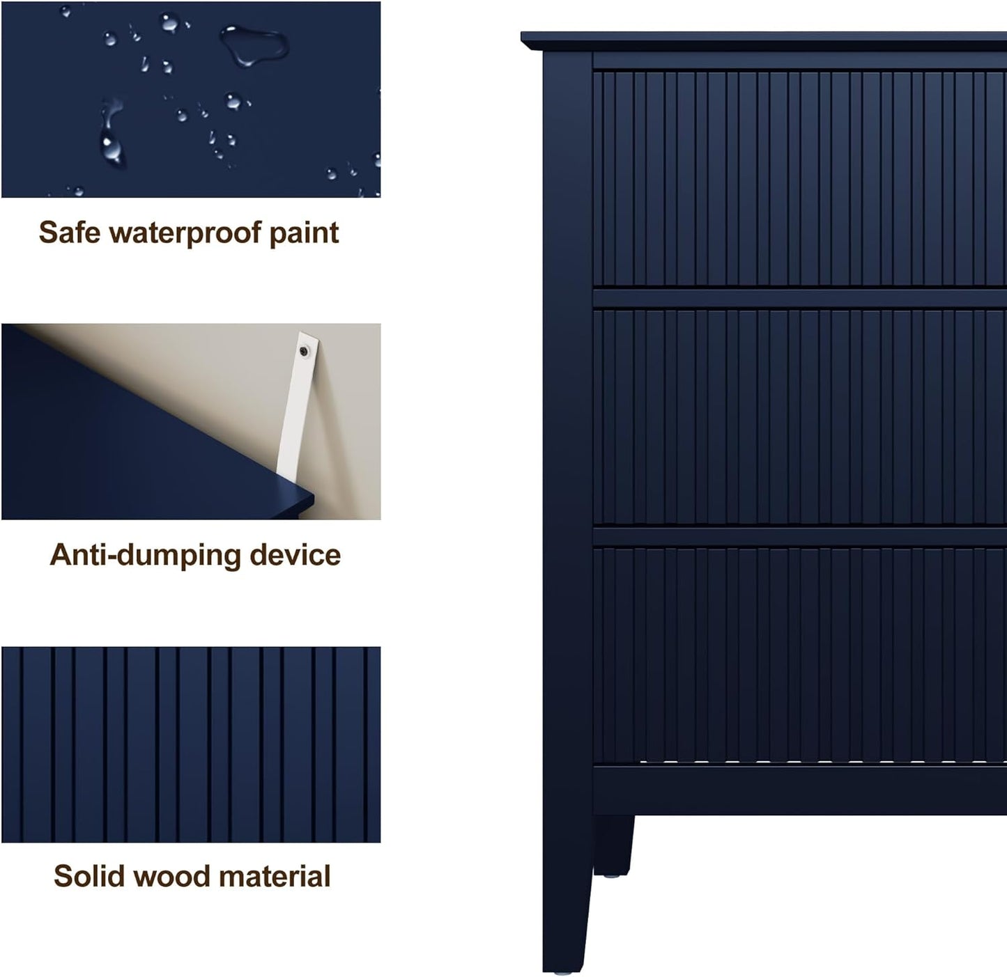 RoyalCraft 32" Large Nightstand Set of 2, Fluted Painted Wood Dresser with 3 Spacious Drawers, Blue Modern Bedside Table for Bedroom