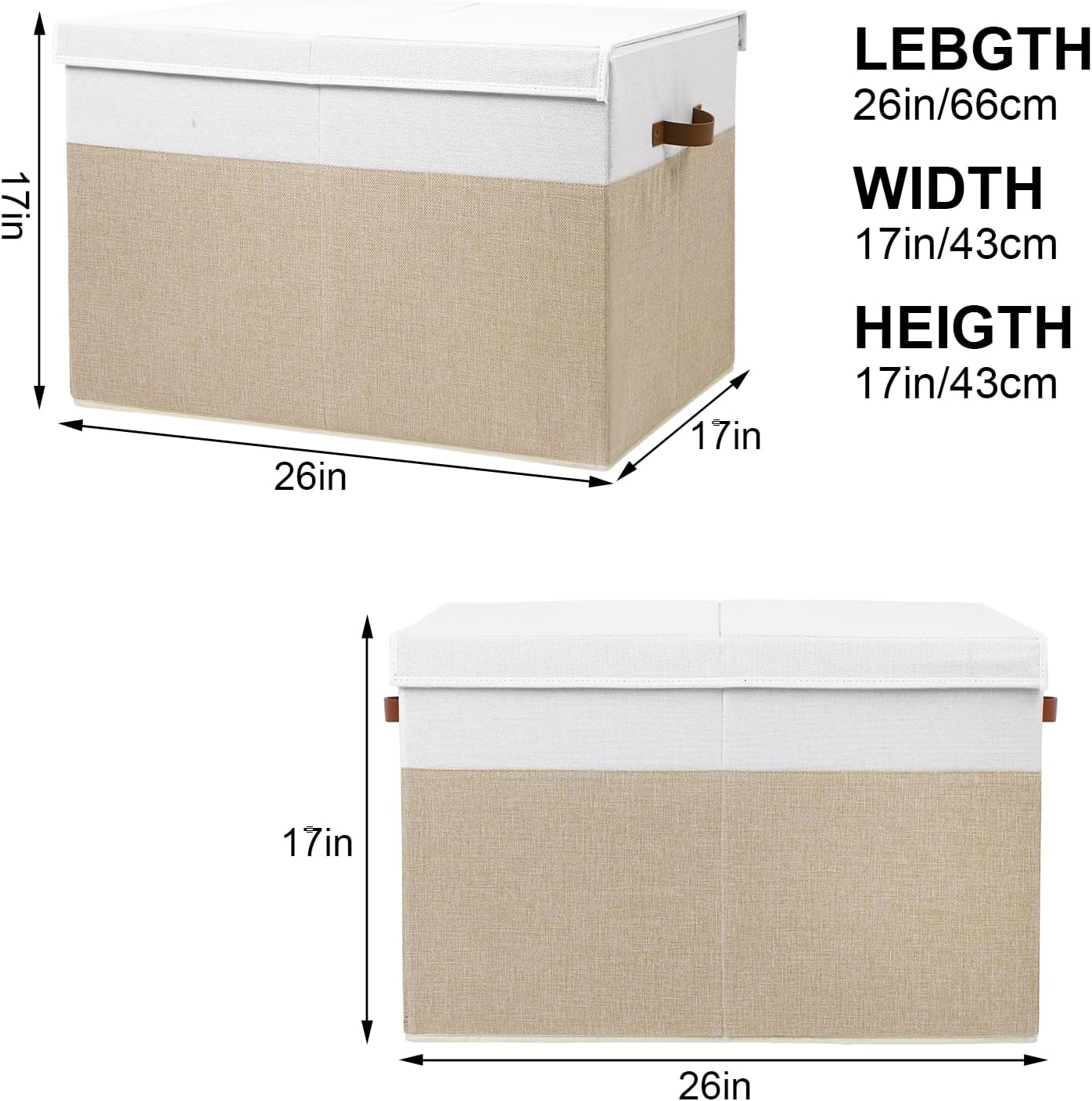Large Toy Storage Box with Lid, Sturdy Toys Storage Chest Bin Organizer Basket with Dividers for Kids, Boys, Girls, Nursery, Closet, Bedroom, Playroom 26"x17" x17" (Beige and White)
