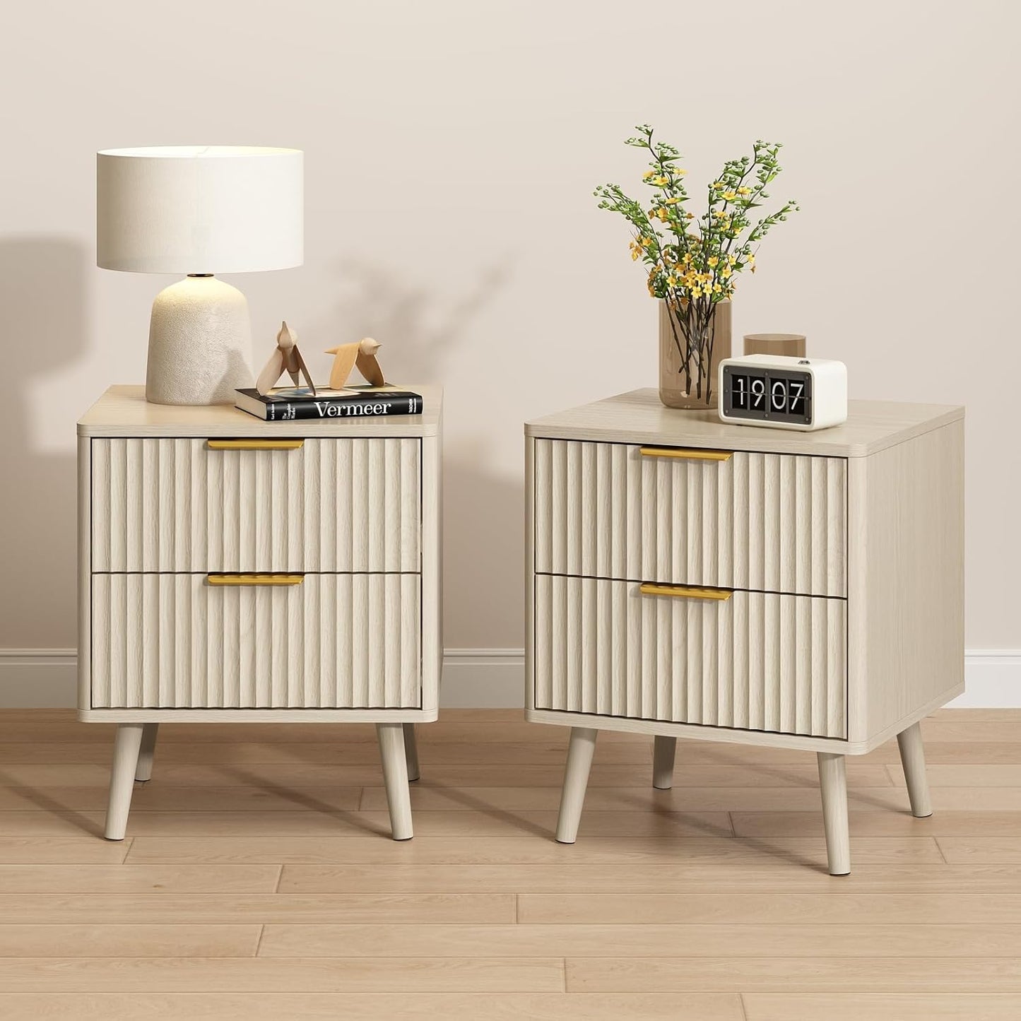 CARPETNAL Fluted Nightstand Set of 2, Beige Bedside Table with 2 Drawers and Gold Handles, Wood End Table Mid Century Night Stands for Bedroom Living Room