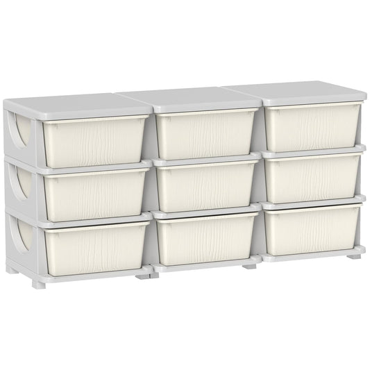 Qaba 3 Tier Kids Storage Unit, 9 Drawer Chest Toy Organizer Plastic Bins for Kids Bedroom Nursery Kindergarten Living Room for Boys Girls Toddlers, Cream White