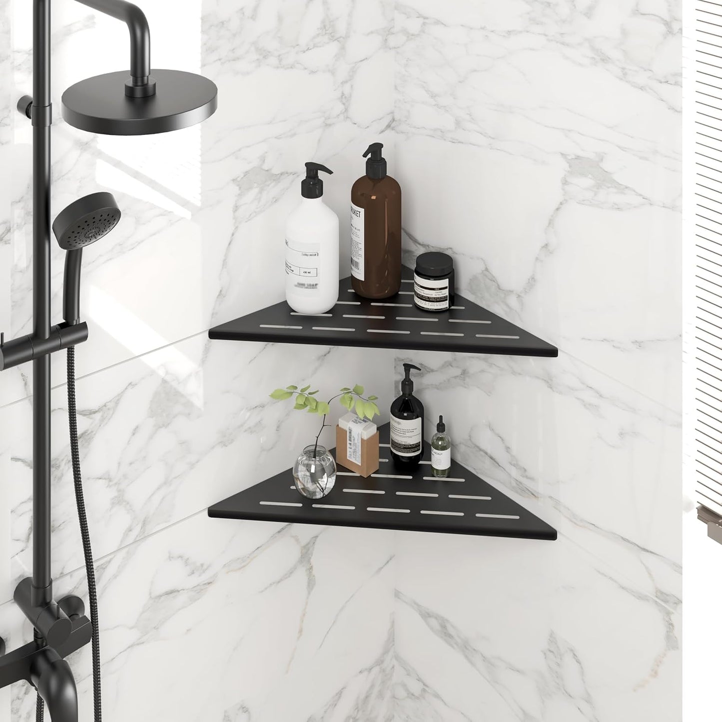 FerdY 2-Pack 10" Matte Black Recessed Corner Shower Shelf, for Tiled Bathroom Walls, 304 Stainless Steel Floating Shower Shelf, Shower Caddy Storage Shelves, No Drilling Required, Striped Triangle