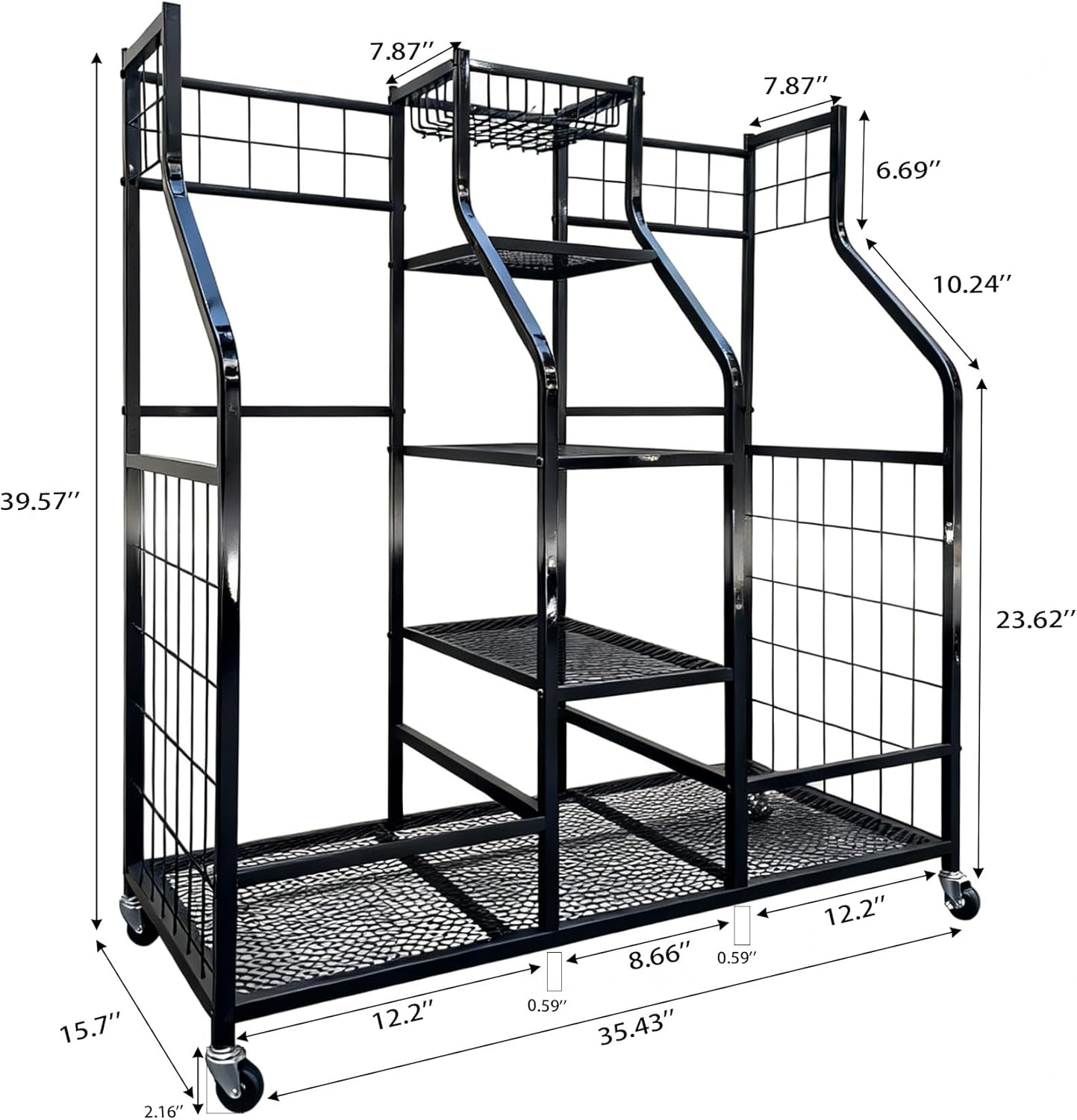 Golf Bag Storage Organizer Stand - Heavy Duty Steel Rack Holds 2 Golf Bags with Central Storage Shelf for Golf Balls, Shoes & Accessories, Space Saving Garage Golf Club Equipment Holder