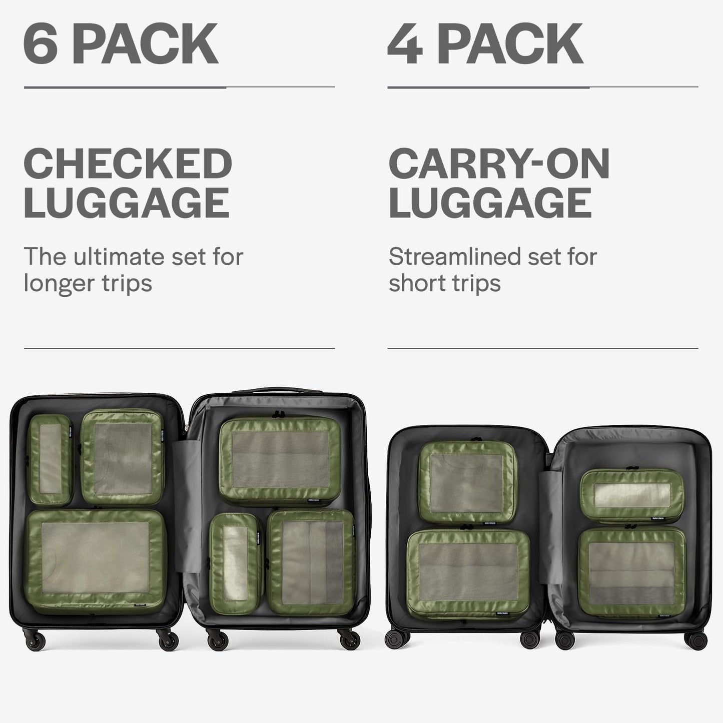 Aerotrunk Compression Packing Cubes for Travel - Luggage Organizer Bags - Double Zipper Packing Cubes for Suitcases (6-Pack, Olive)