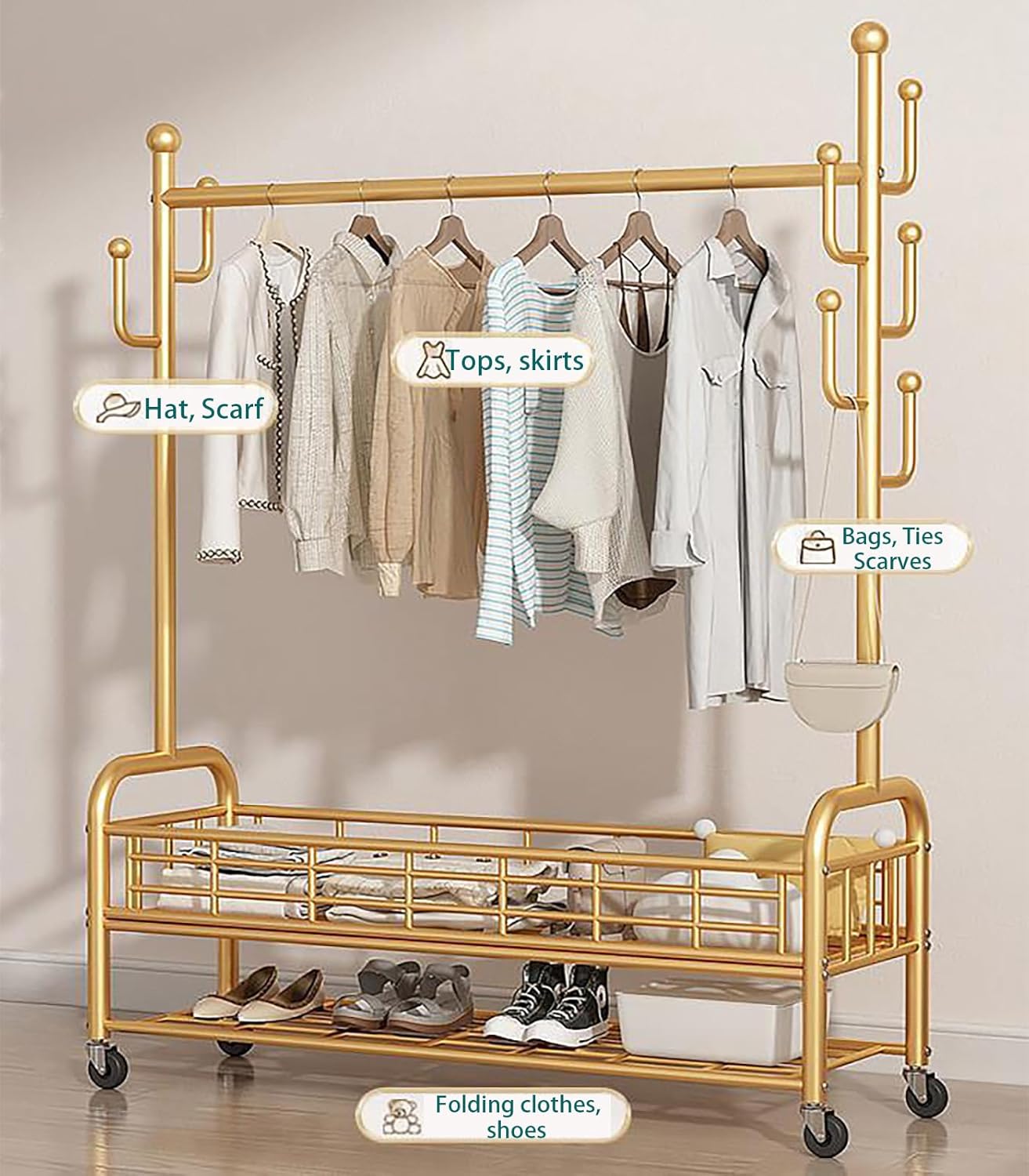 Garment Racks,on wheels,movable,Double Decker,Sturdy Metal Frame,Available for both domestic and commercial use,for Hanging Organizers Clothes,Coats,Skirts,Shoes,Bags,Scarf,Neckties (gold, S)
