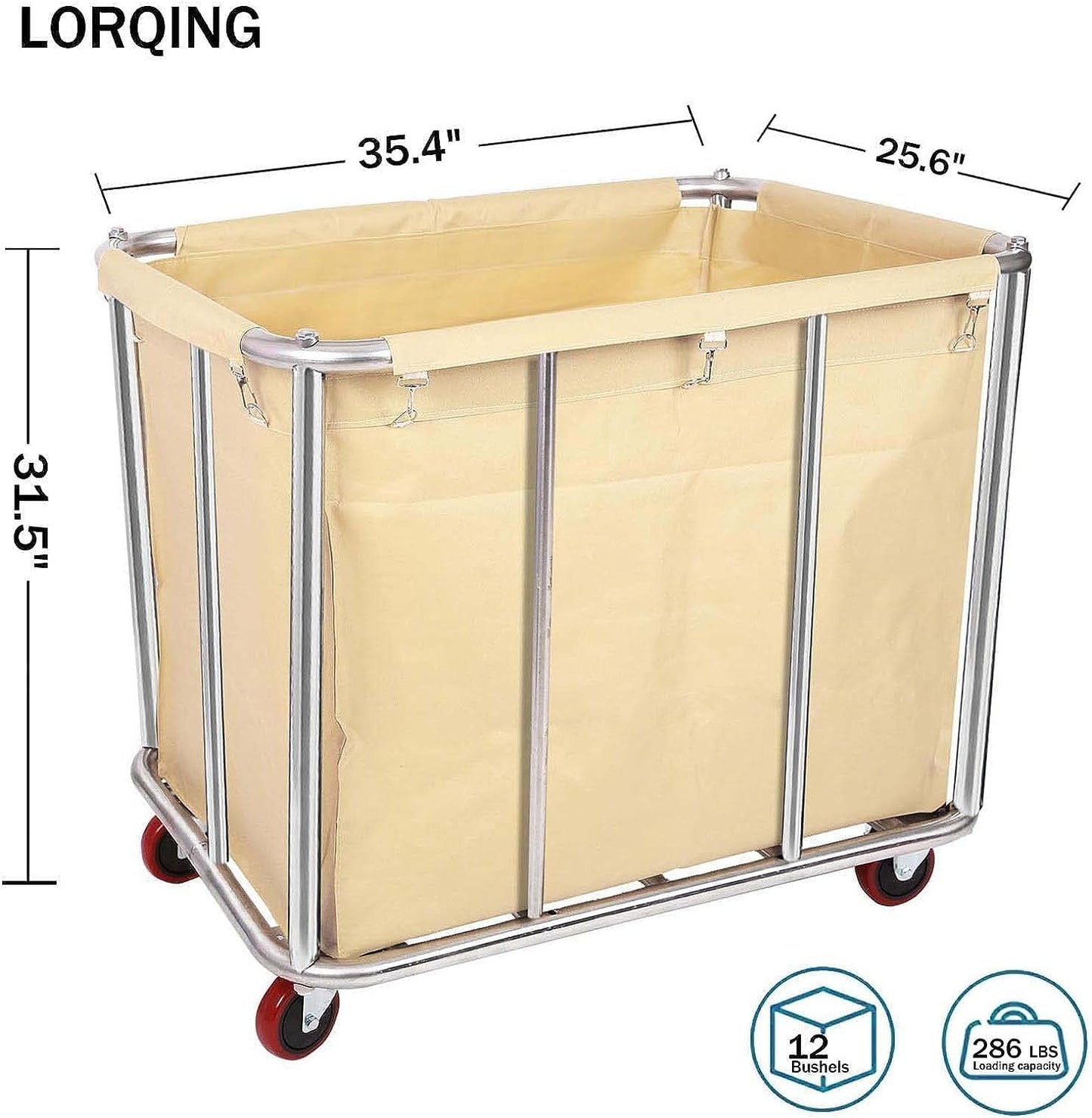 Laundry Cart for Commercial/Home,12 Bushels Heavy Duty Large Stainless Steel Rolling Laundry Basket with Wheels，for Laundry/Toys/Sundries Organizer and Storage,286LBS Load