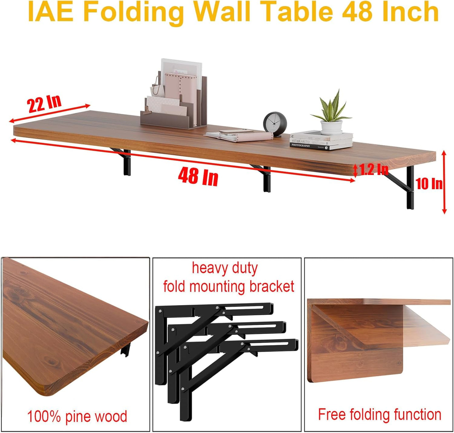 IAE Floating Wall Mounted Folding Table Desk with Pine Wood,48" x 22" Foldable Workbench,Fold Down Wall Mounted Foldable Desk with Shelf Brackets,Laundry Folding Table for Home,Dining,Kitchen,Teak