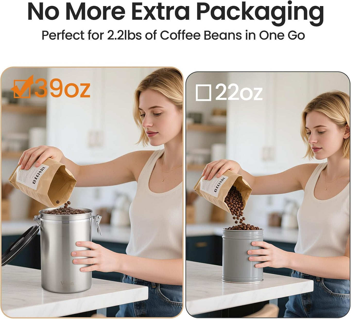 Veken Coffee Canister, 39OZ Large, Airtight Stainless Steel Food Storage Container for 2.2lbs Coffee Beans, Ground, Sugar, Tea, Flour, Cereal, Kitchen Bar Accessories with Date Tracker & Scoop, Silver
