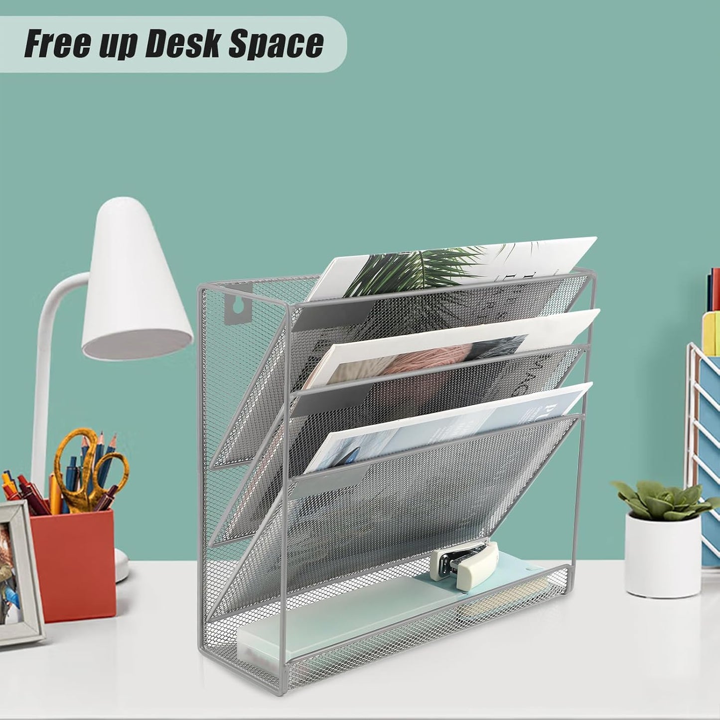 EASEPRES Desk File Organizer Mesh 4-Tier, Hanging Wall Mount Document Organization Stand, Desktop Vertical Mail Paper Folder Holder Rack with Bottom Tray for Office Home Cubicle Countertop, Gray