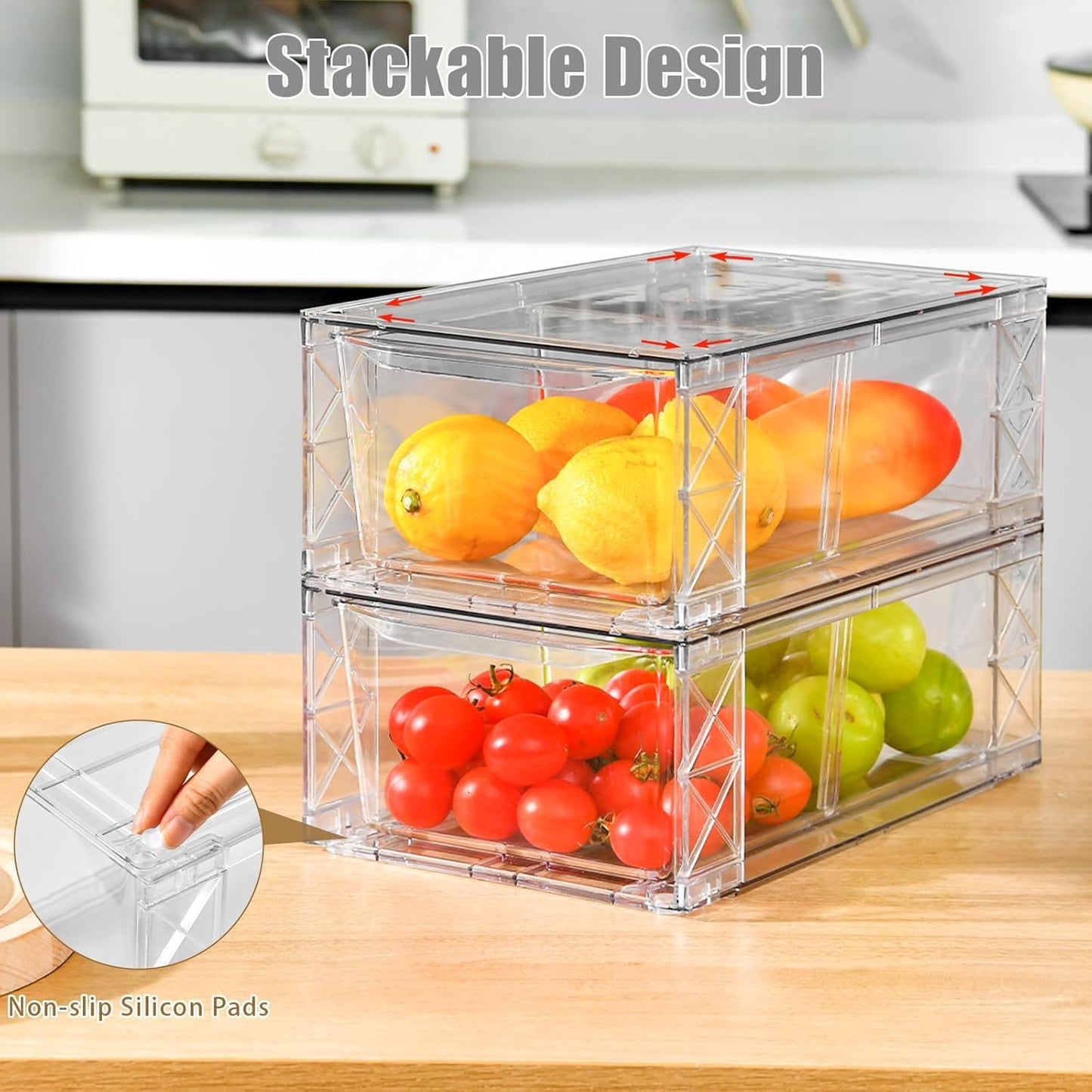 Clemate 6Pack Pantry Organizers and Storage,Clear Stackable Kitchen Storage Organizer,Foods Organizer Bins with Handles, Easily Assemble for Bathroom, Kitchen, Refrigerator, Pantry, Cabinet, Closet