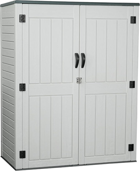 EHHLY Vertical Resin Storage Shed, 60 Cuft Garden Tool Sheds & Outdoor Storage, Plastic Outdoor Storage Cabinet Waterproof, 4.5 x 2.3 ft Backyard Outside Lawn Mower Storage Shed, Light Grey